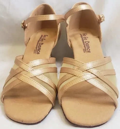 1.3" Harla -- Women's Thick Heel Latin Sandal -- Light Tan Satin Metal Edge