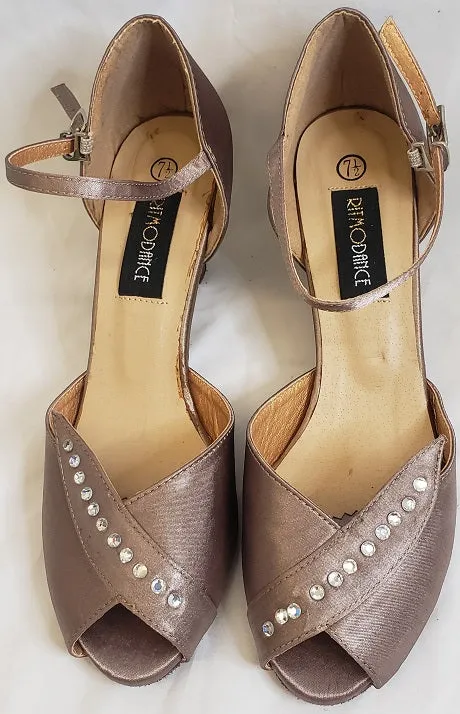 2.38" Anara - Closed Back/Open Toe Ballroom Shoe - Bronze Satin Training Mode Slip Resistant Modern Commuters