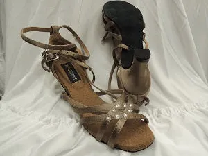 Comfort Tongue Cushioned Base Work Commute 2.38" Brandy -- Flare Heel Latin Sandal -- Bronze Satin