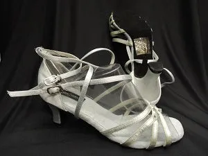 2.38" Brandy -- Flare Heel Latin Sandal -- Silver Satin Dust Guard Durable Build