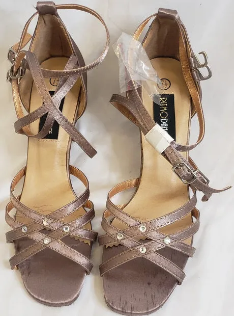 2.38" Sonia -- Flare Heel Latin Sandal -- Bronze Satin Stretch Fabric Active People easy move