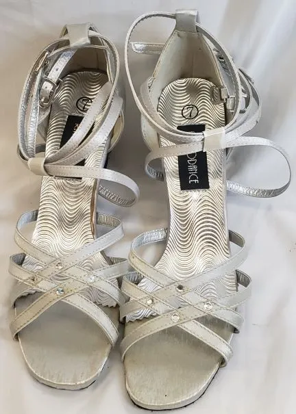 2.38" Sonia -- Flare Heel Latin Sandal -- Silver Satin Daily Chill