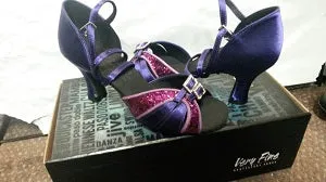 2.5" Blanche -- Wide Heel Latin Sandal -- Purple Satin/Purple Glitter Block Walk
