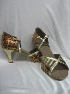 2.5" Flor -- Flare Heel Latin Sandal -- Leopard/Gold Pastel tone