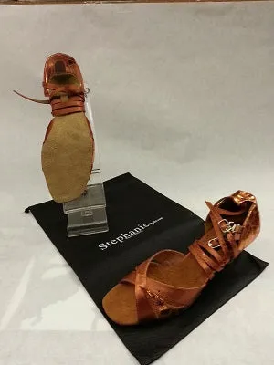 2.5" Francine --  Flare Heel Latin Sandal -- Dark Tan Satin/Gold Foil warm glow Hill Walk