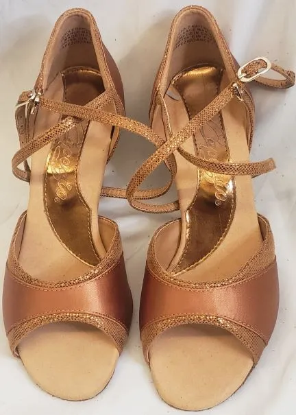 Vintage Mood night walk 2.5" Nadia -- Women's Flare Heel Latin Sandal -- Cinnamon Satin