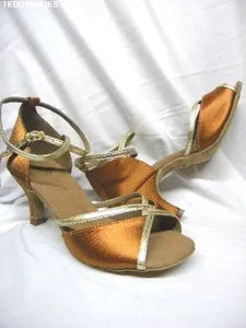 2.5" Shantal -- Flare Heel Latin Sandal -- Dark Tan Satin/Gold Trim Clean White Cactus Cool