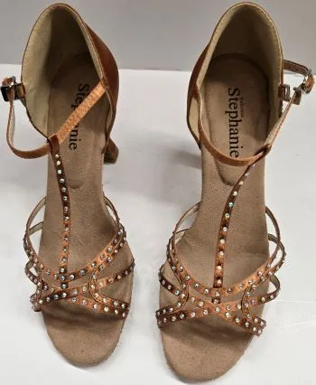 Stone Grip 2.75" Norma -- Women's Flare Heel Latin Sandal -- Dark Tan Satin