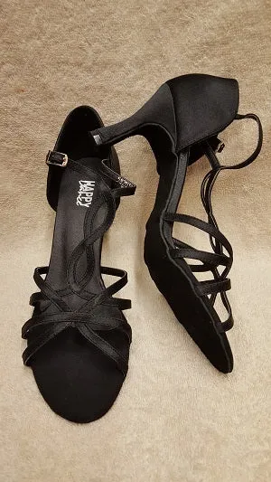 2.75" Rihanna - Flare Heel Latin Sandal -- Black Satin Icon Edge