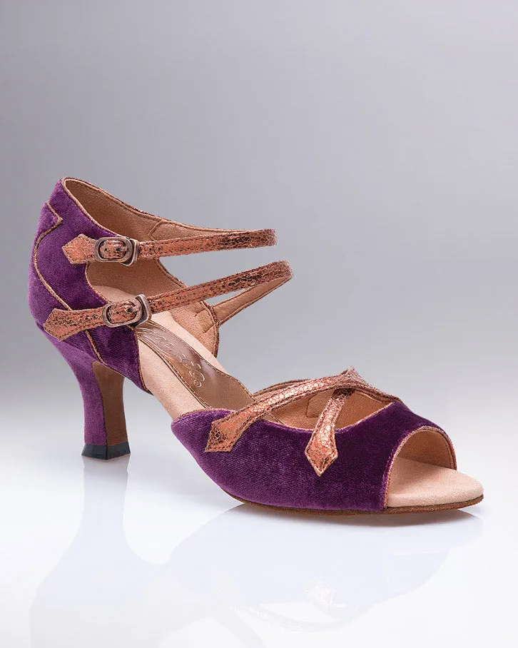 2" Constance -- Flare Heel Latin Sandal -- Purple Velvet/Bronze Trim Comfort Fit