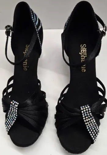 2" Sabrina -- Women's Silver Flare Heel Latin Sandal -- Black Satin Feather Light Modern Commuters