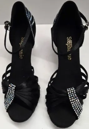 2" Sabrina -- Women's Silver Flare Heel Latin Sandal -- Black Satin Dynamic Edge