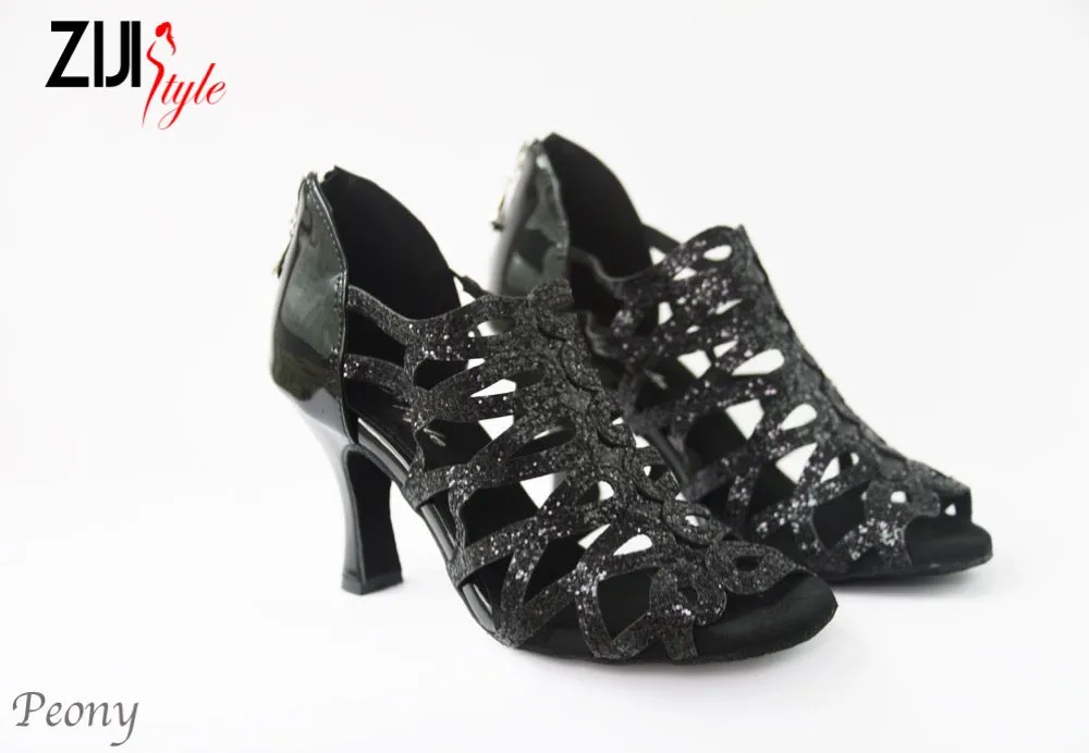 3.25" Peony -- Women's Latin Sandal -- Black Sequins Classic Base