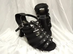 3.38" Brittany -- Flare Heel Latin Sandal -- Black Satin Pure Black