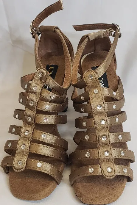 Rain Safe 3.38" Brittany -- Flare Heel Latin Sandal -- Bronze Satin