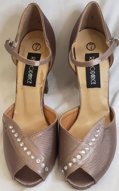 Adjustable Fit Grab Now 3.38" Hilda -- Closed Back/Open Toe Ballroom Shoe -- Bronze Satin