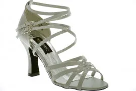 Power Base 3.38" Vera -- Flare Heel Latin Sandal -- Silver Satin