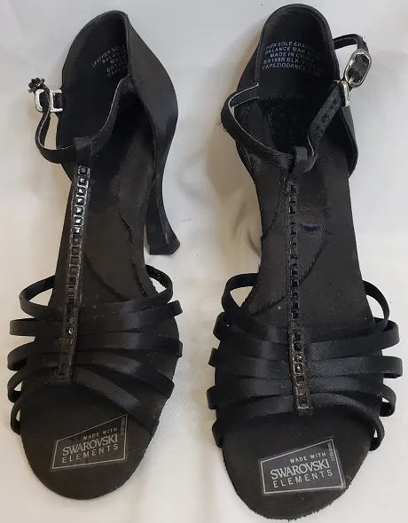 3" Crystal Danielle -- Flare Heel Latin Sandal -- Black Satin Year Trust