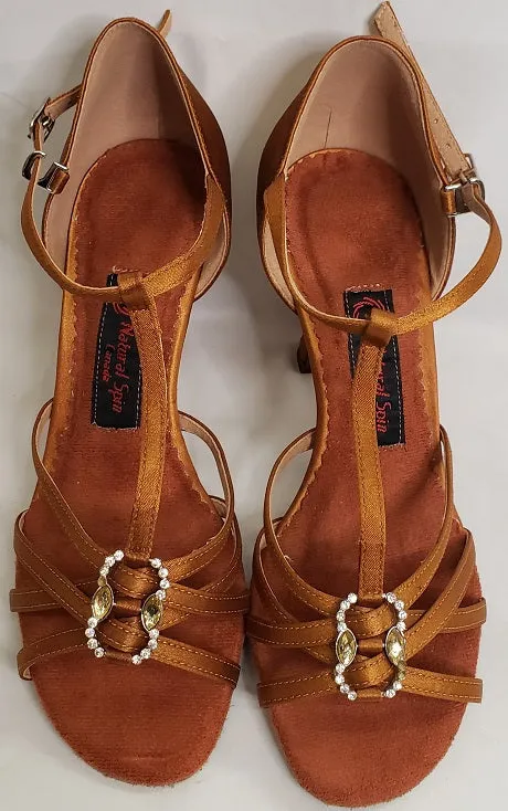 3" Emily -- Flare Heel Latin Sandal -- Gold Satin Japan Neat