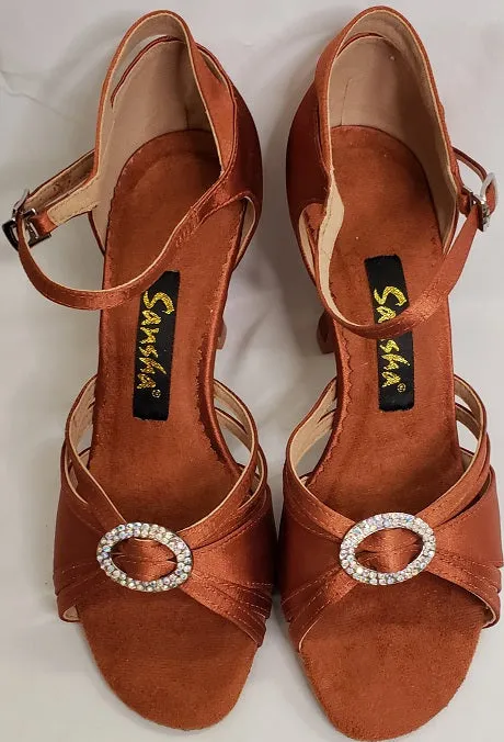 Casual Move Dual Tone 3" Margarita -- Flare Heel Latin Sandal -- Dark Tan Satin