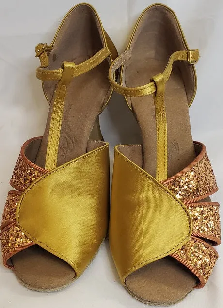 3" Maureen -- Flare Heel Latin Sandal -- Tan Satin/Dark Tan Glitter Valley Run