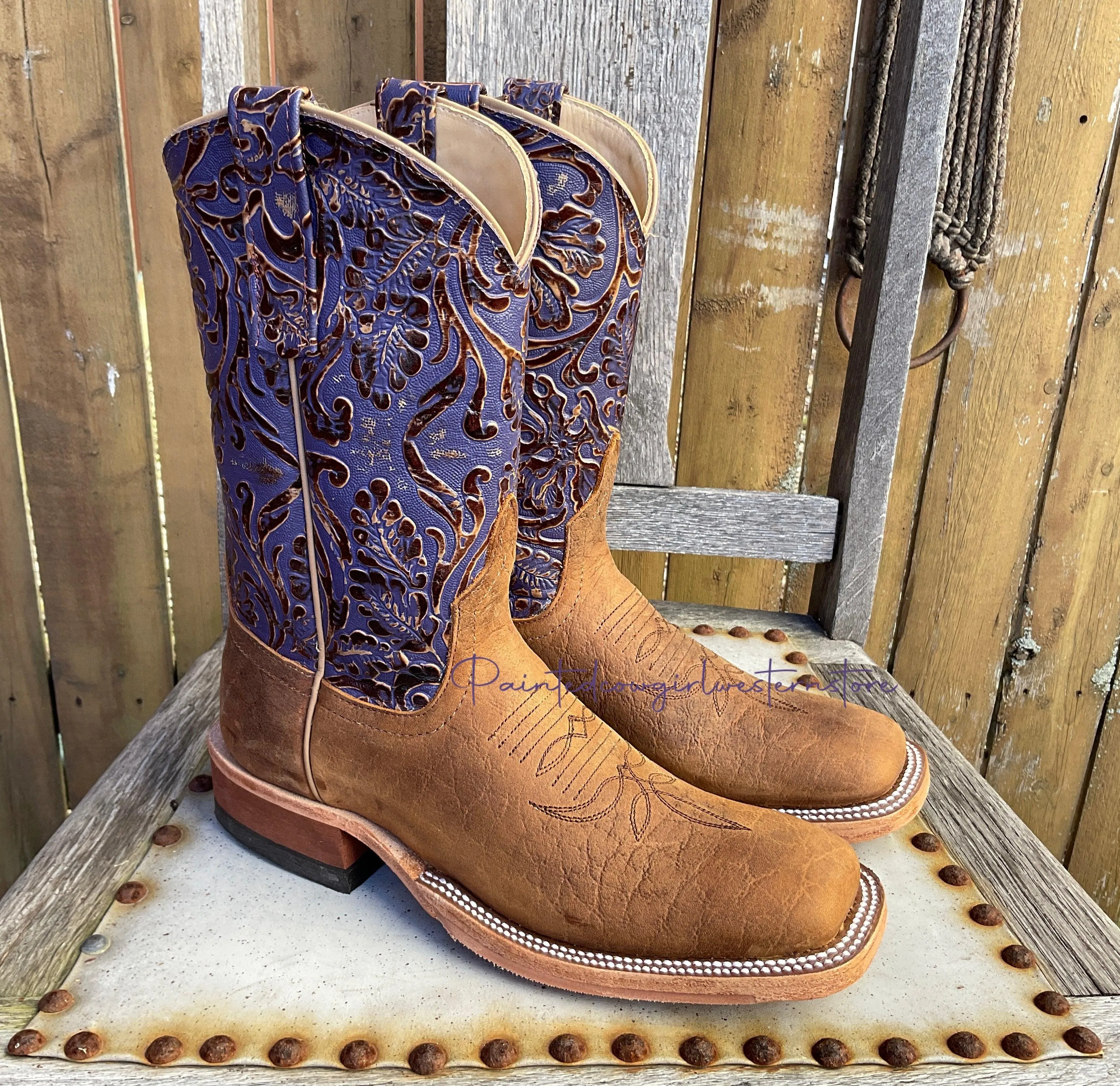 Anderson Bean Women's Natural Brahman Bison/Grape Antique Tooled Top Square Toe Cowgirl Boots 333627 323445 Subtle Finish High Traction