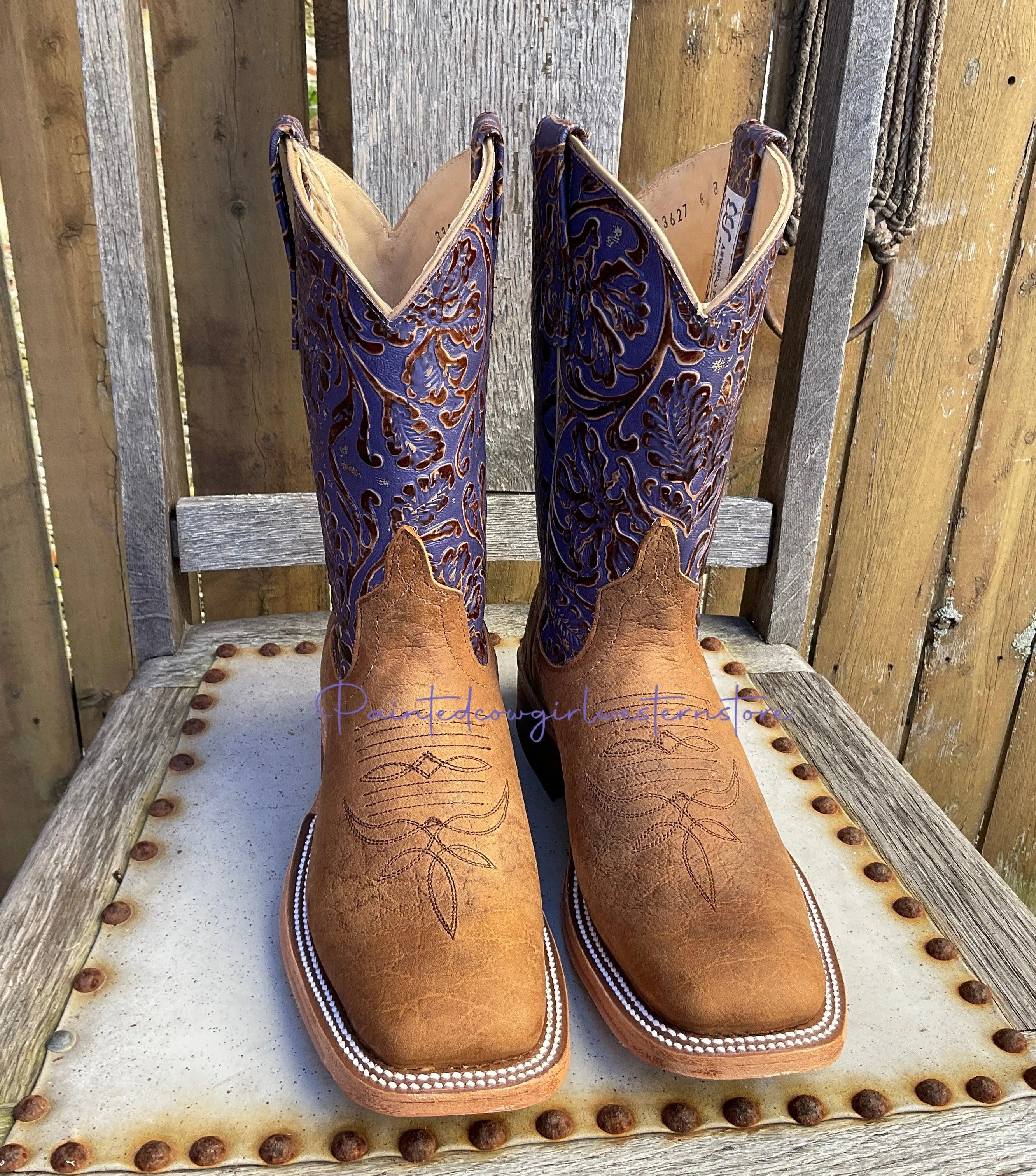 Insulated Comfort Tread Pattern Anderson Bean Women's Natural Brahman Bison/Grape Antique Tooled Top Square Toe Cowgirl Boots 333627 323445