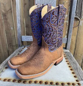 Cold Proof Nature Lover Anderson Bean Women's Natural Brahman Bison/Grape Antique Tooled Top Square Toe Cowgirl Boots 333627 323445