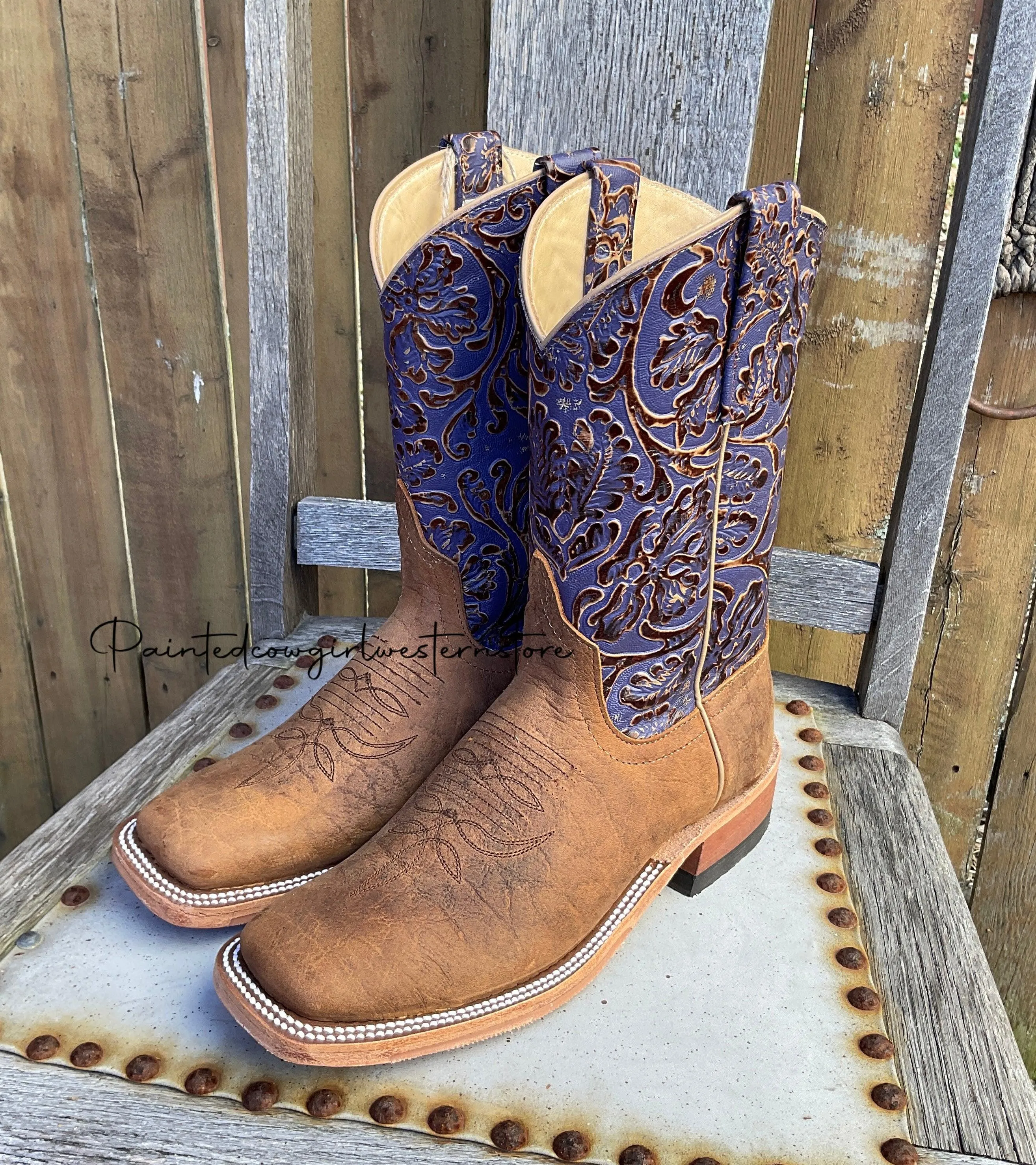 Road Trip Model Anderson Bean Women's Natural Brahman Bison/Grape Antique Tooled Top Square Toe Cowgirl Boots 333627 323445