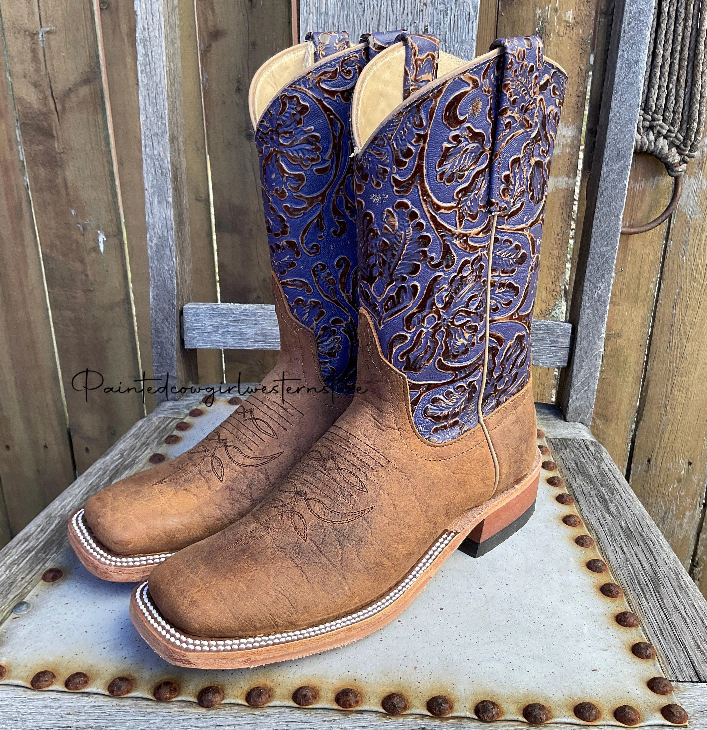 Cold Proof Nature Lover Anderson Bean Women's Natural Brahman Bison/Grape Antique Tooled Top Square Toe Cowgirl Boots 333627 323445