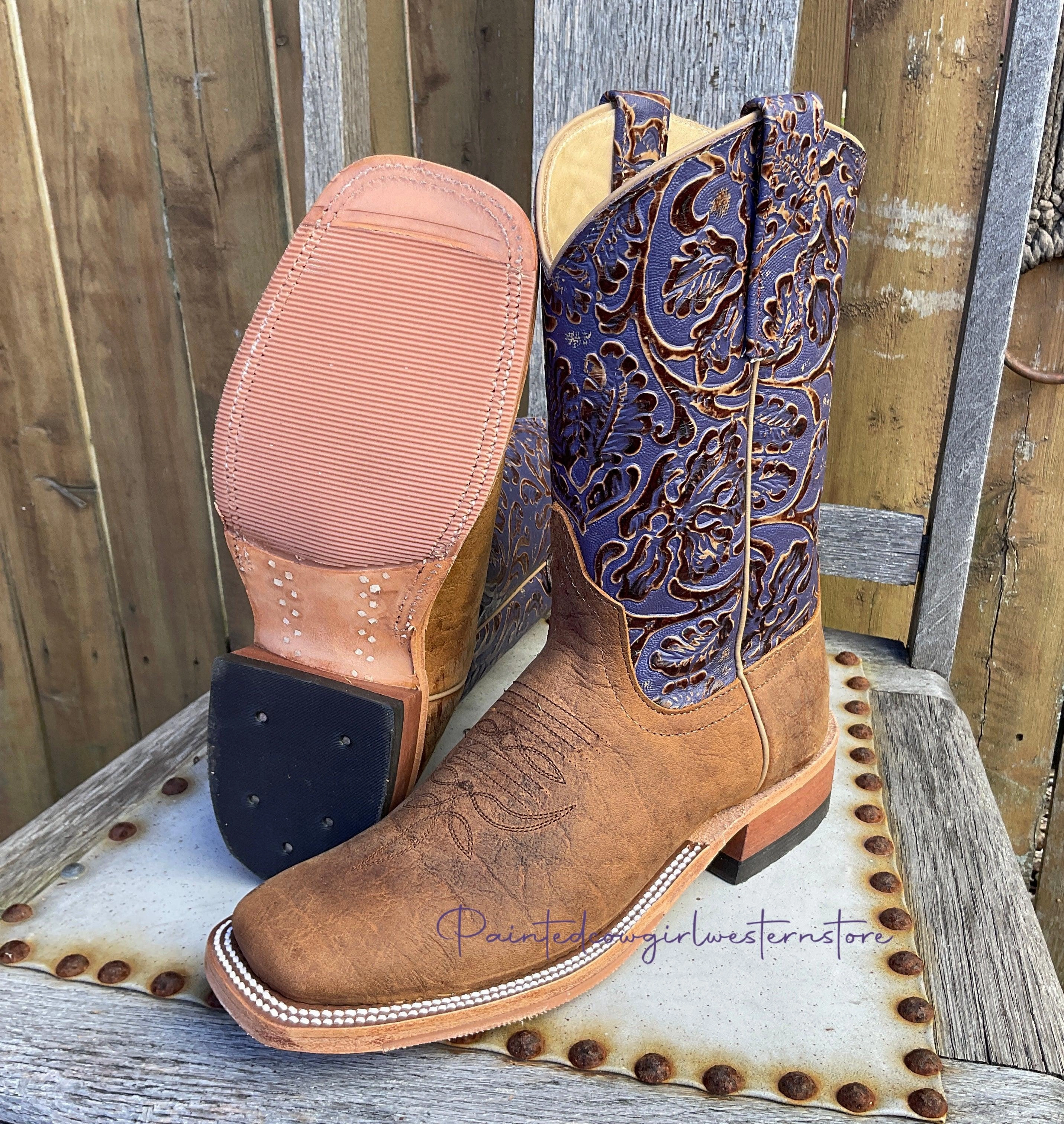 Well-fitted Businessman Anderson Bean Women's Natural Brahman Bison/Grape Antique Tooled Top Square Toe Cowgirl Boots 333627 323445