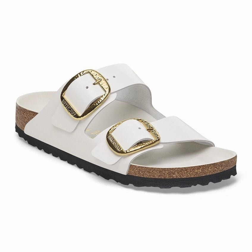 Arizona Hammered Big Buckle | High-Shine Patent Leather | Antique White Summer Flat Shoes