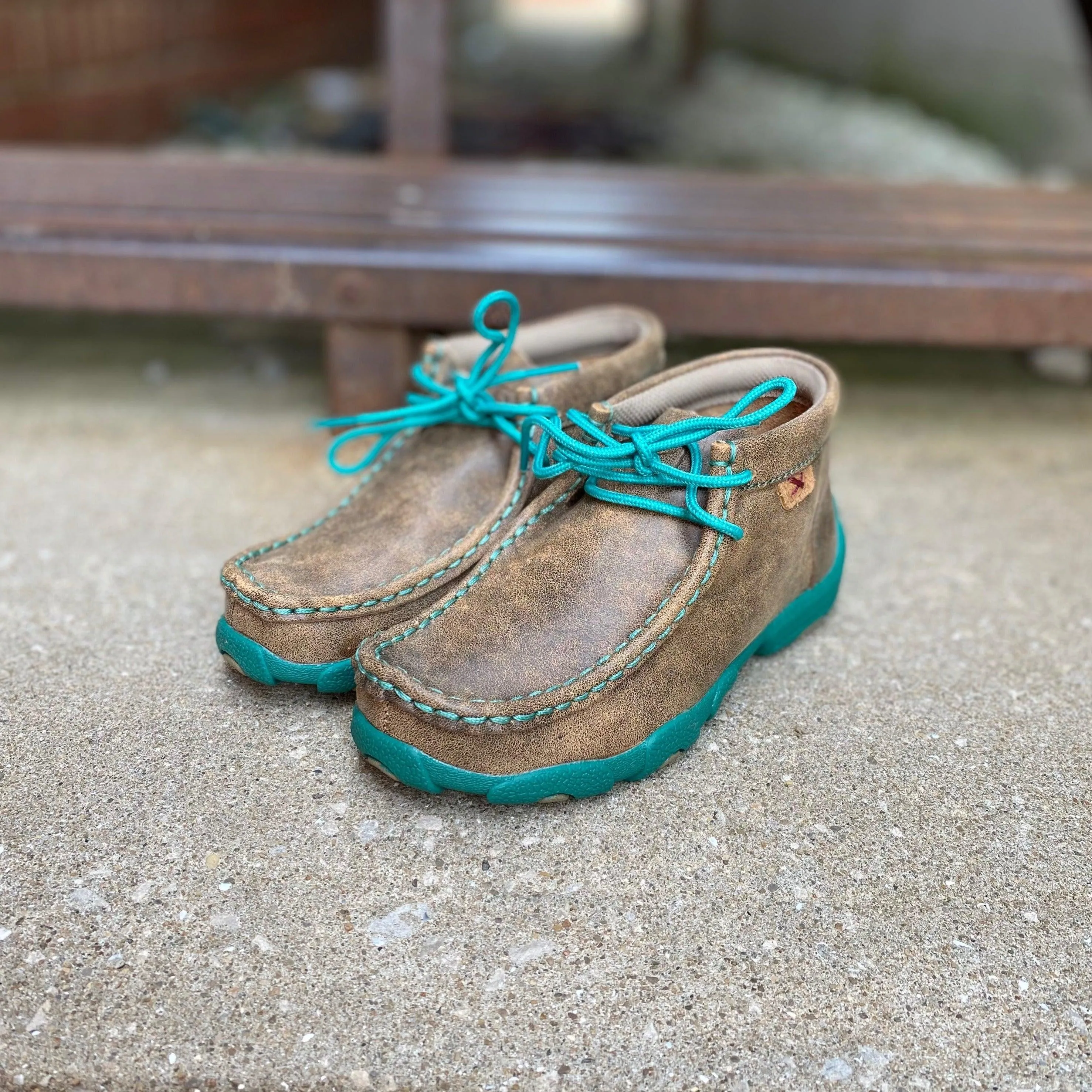 Twisted X Youth Bomber Leather & Teal Chukka Driving Mocs Shoe YDM0017 Clean Silhouette