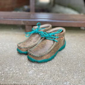 Twisted X Youth Bomber Leather & Teal Chukka Driving Mocs Shoe YDM0017 Clean Silhouette