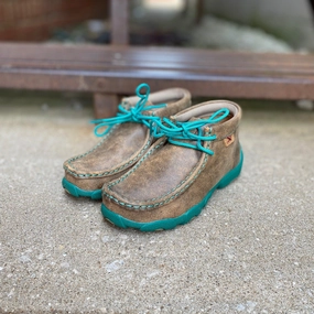 Twisted X Youth Bomber Leather & Teal Chukka Driving Mocs Shoe YDM0017 Clean Silhouette