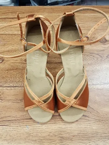 3.75" Linked -- Women's Flare Heel Latin Sandal -- Dark Tan Satin Cool Pop Star Walk