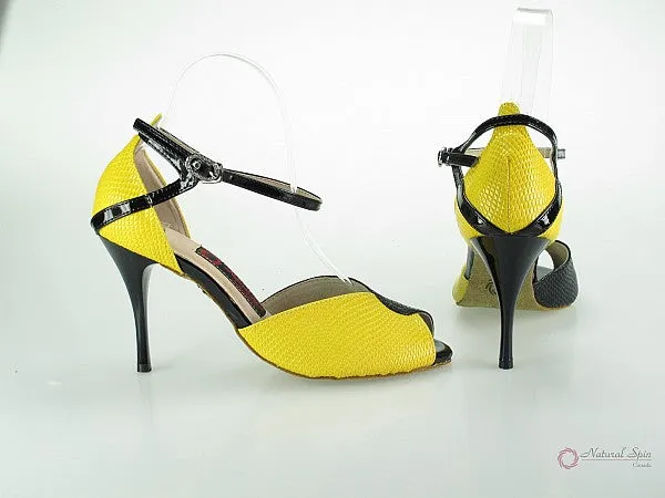 3.5" Irene -- Ultra Slim Heel Latin Sandal -- Yellow/ Black Snake Paint PU with Black Patent Heel design