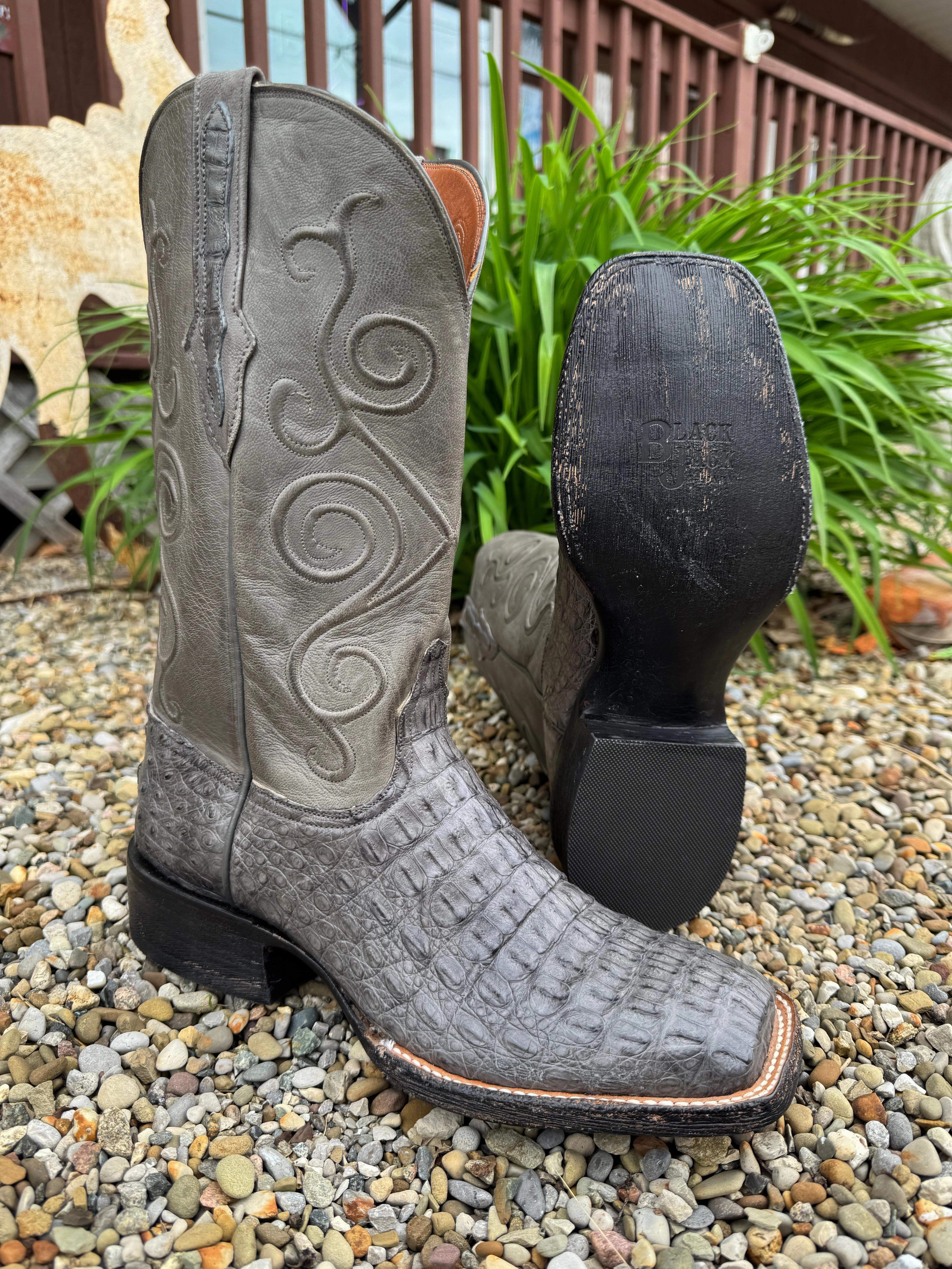 Black Jack Mens Dark Grey Caiman Hornback Square Toe Cowboy Boots DKG7722-96 Heat resistant