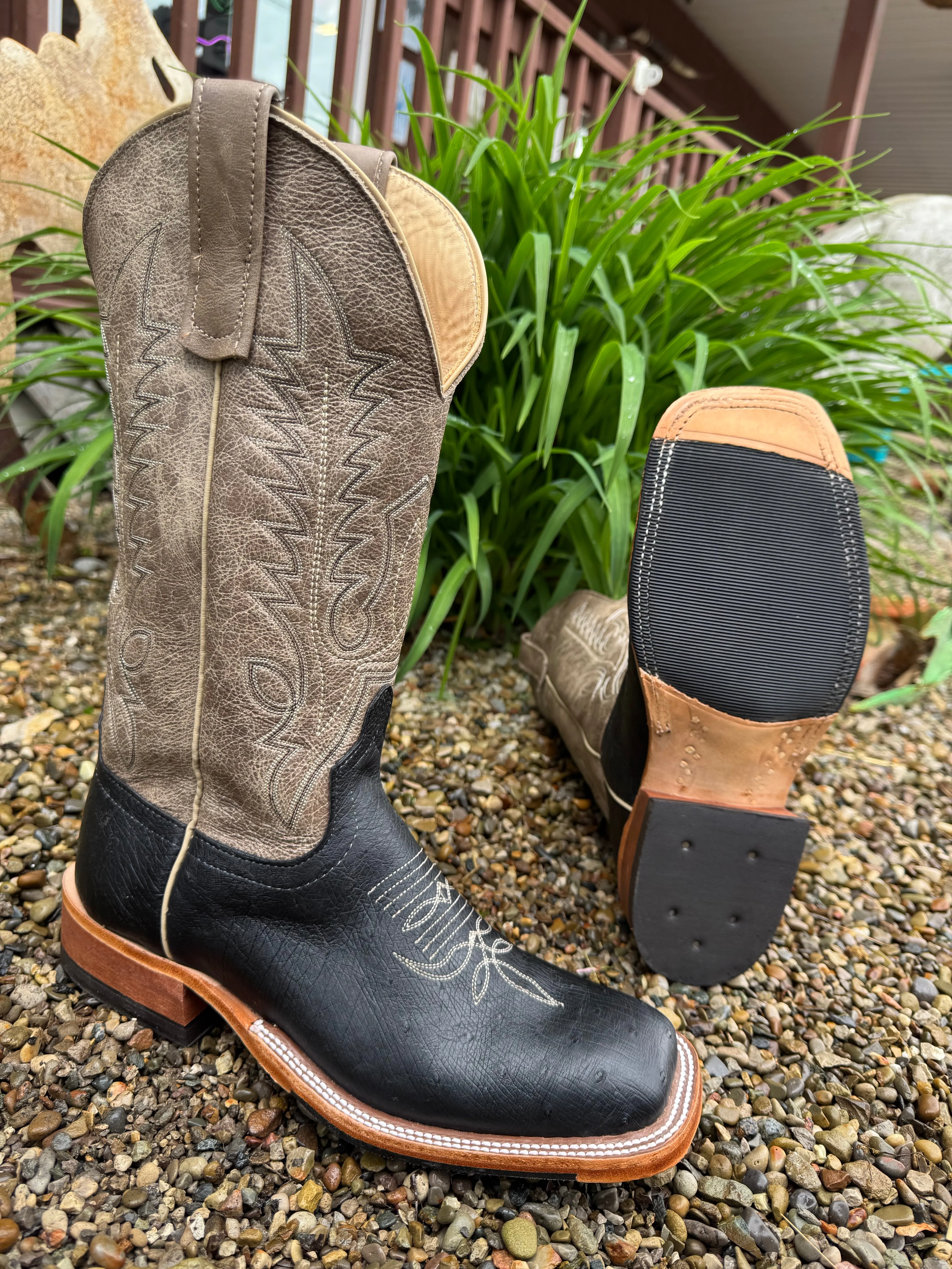 Lace Up Design Elasticated Anderson Bean Men's Black Smooth Ostrich & 13 Outlaw Mushroom Top Square Toe Cowboy Boots 333571