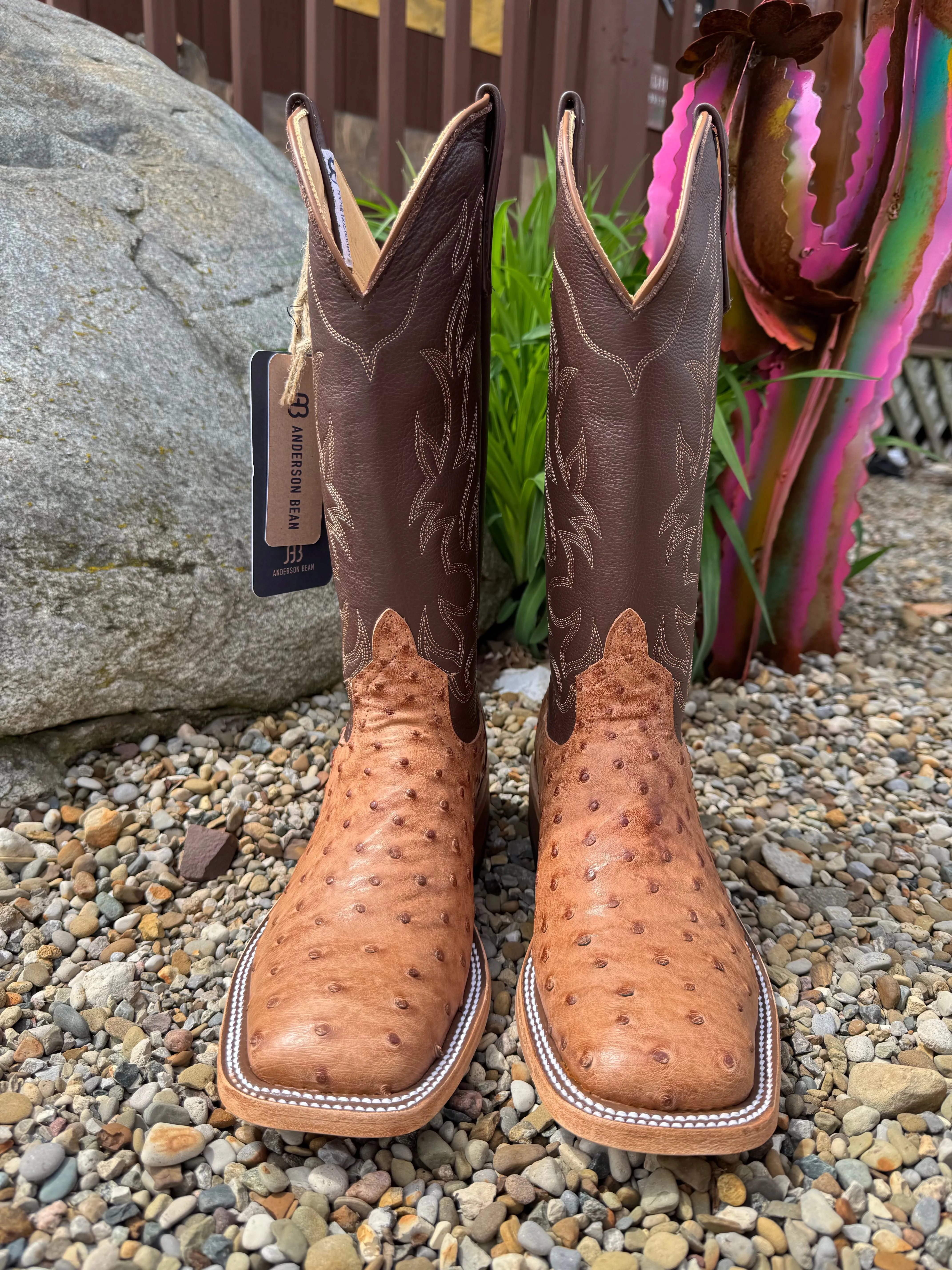 Stable Step Anderson Bean Men's Brandy Bruciato Full Quill Ostrich & 13" Brandy Top Square Toe Cowboy Boots 333569