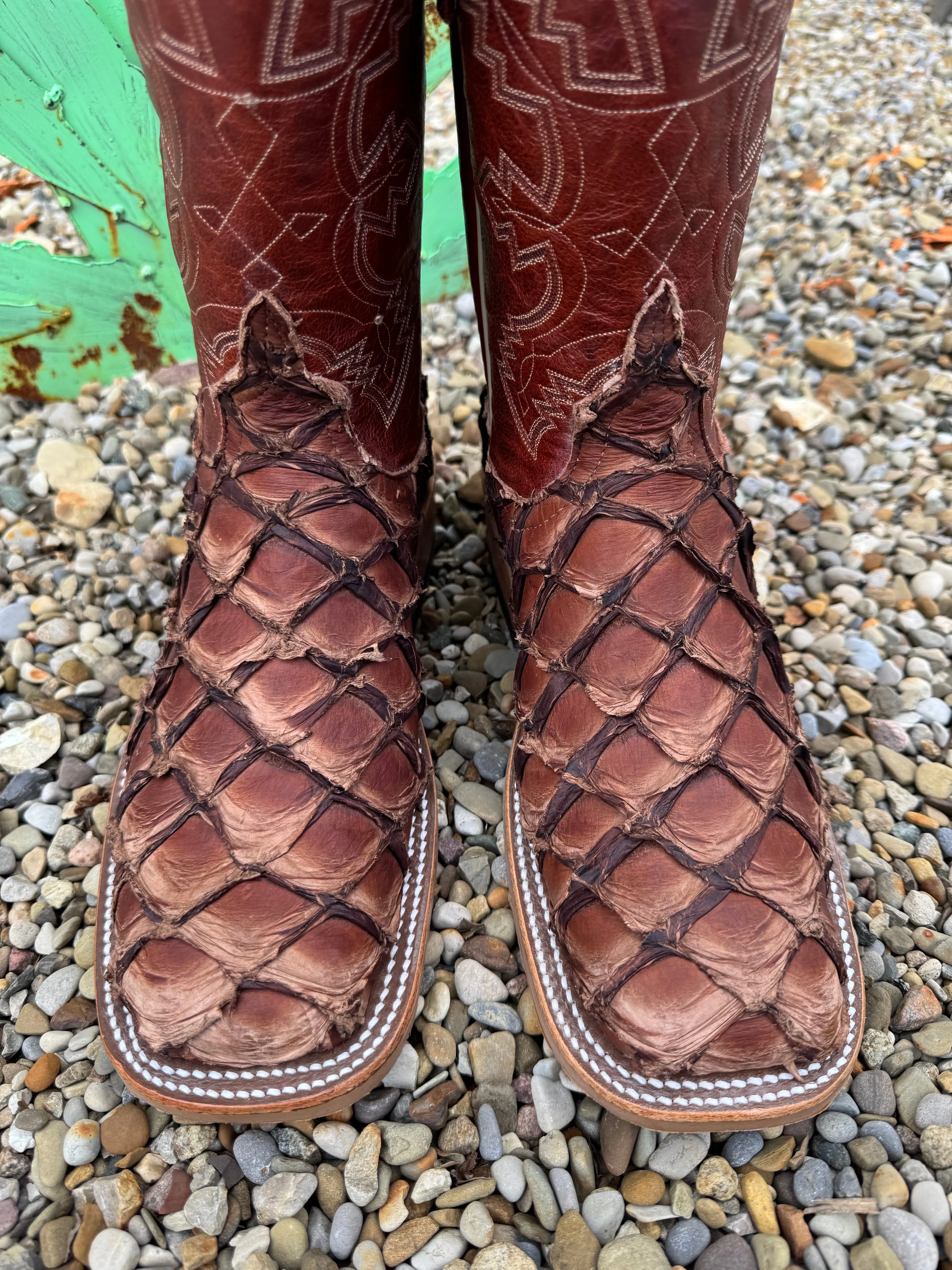 Stretchable Material Anderson Bean Men's Brown Big Bass & Burnt Orange Explosion Square Toe Cowboy Boots 323443