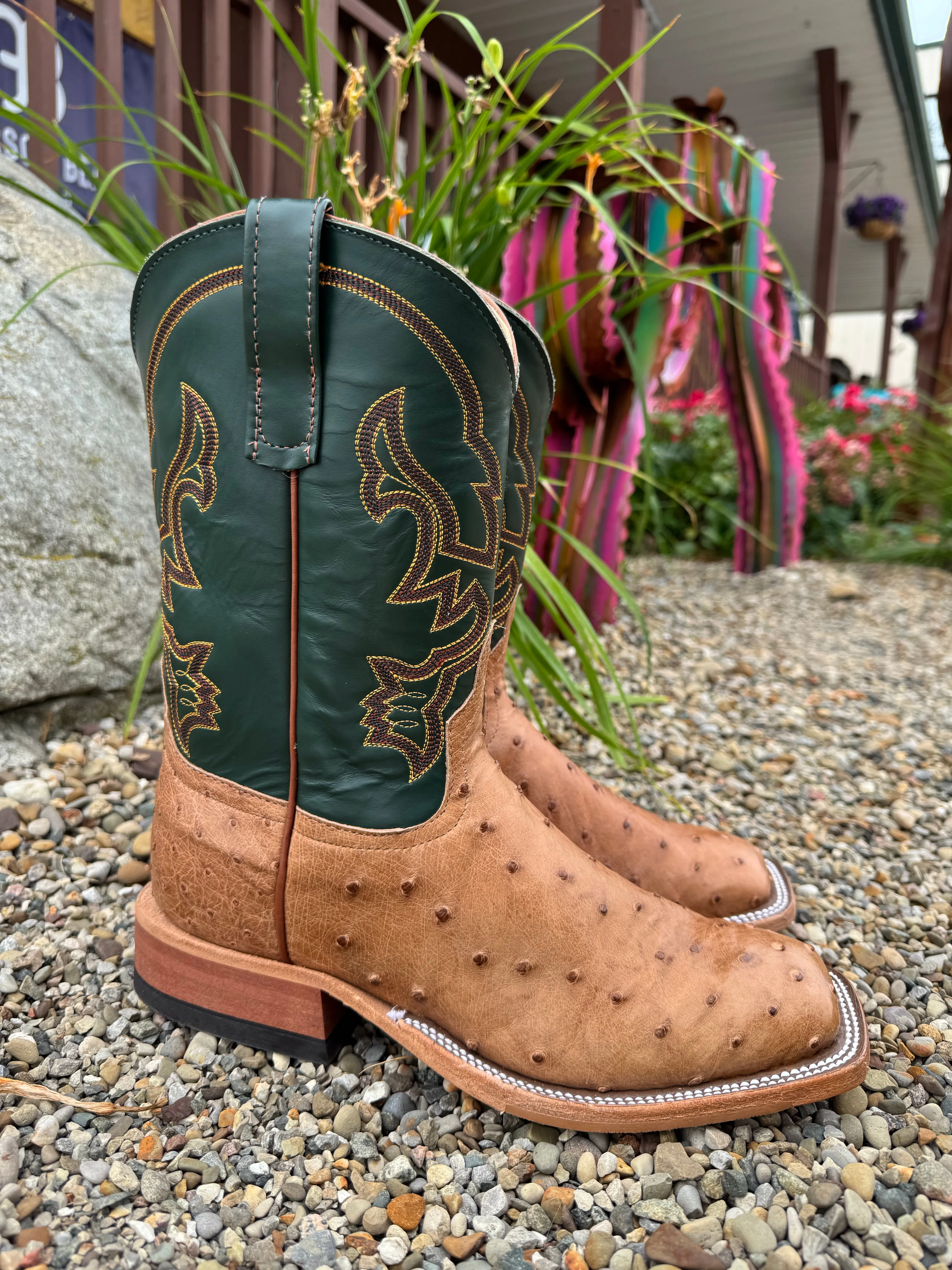 Storm Proof Anderson Bean Men's Cognac Full Quill Ostrich & Green Glove Square Toe Cowboy Boots 324770