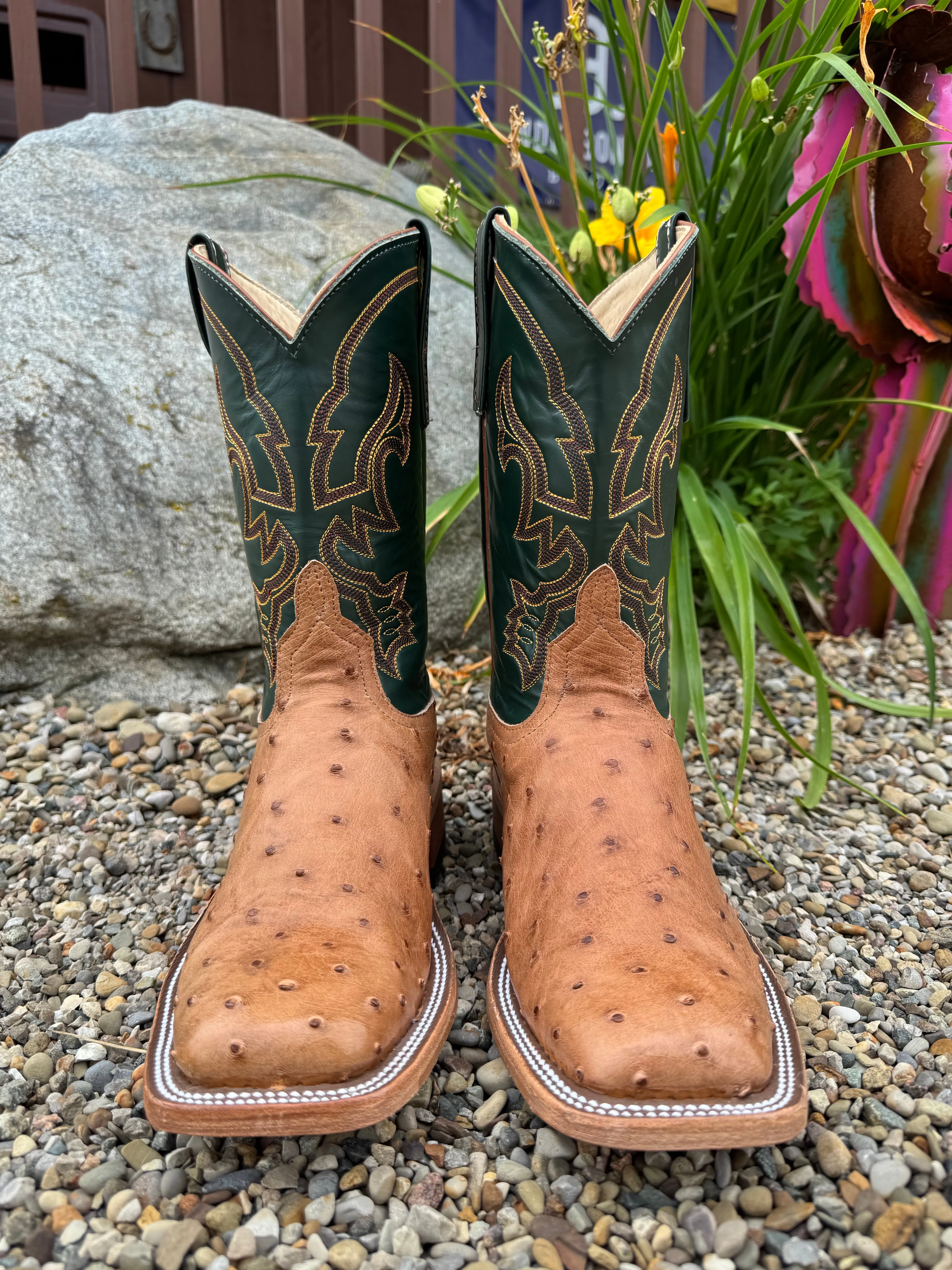 Anderson Bean Men's Cognac Full Quill Ostrich & Green Glove Square Toe Cowboy Boots 324770 Rough Ready