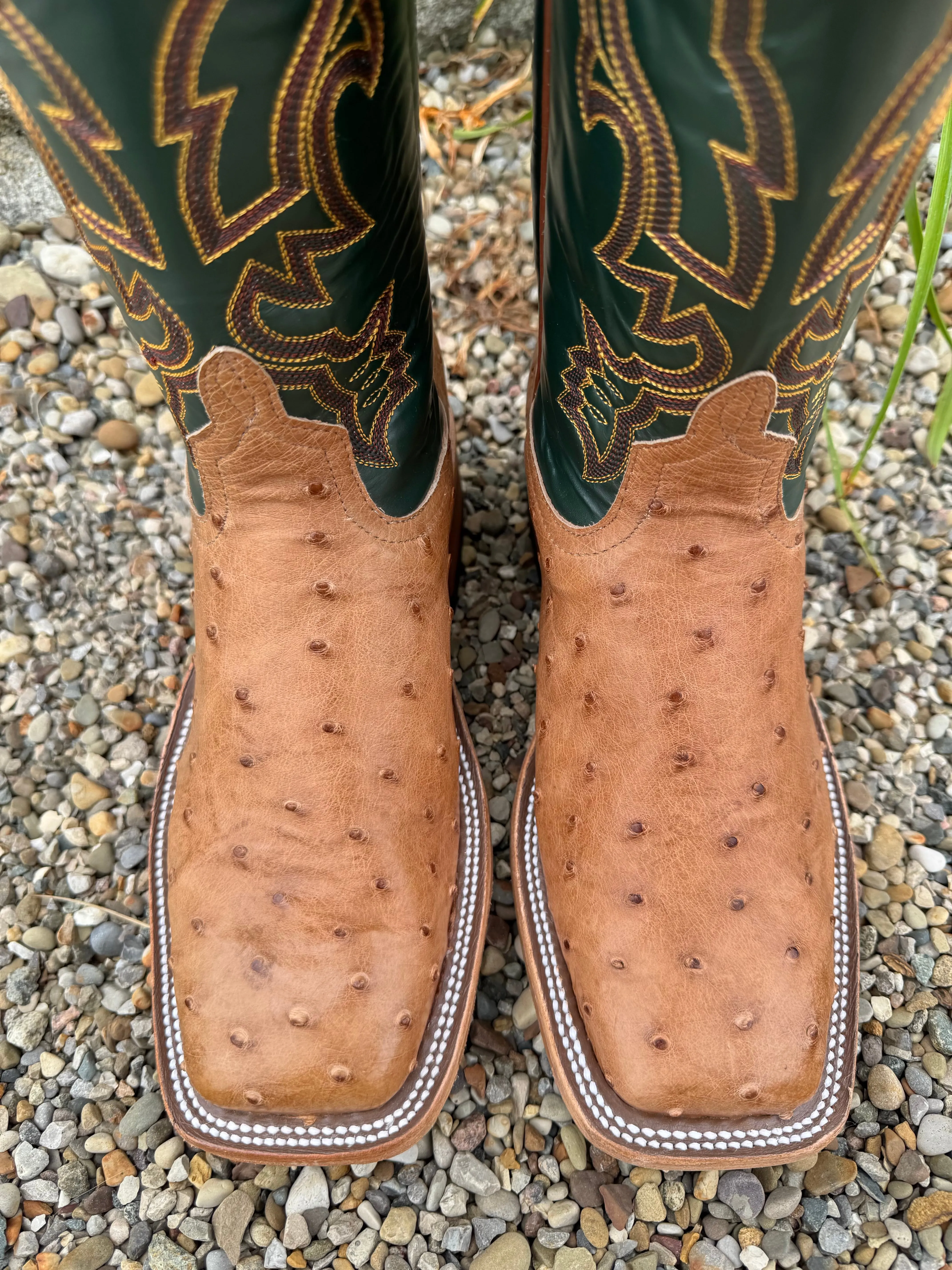 Anderson Bean Men's Cognac Full Quill Ostrich & Green Glove Square Toe Cowboy Boots 324770 Soft Step Comfortable Flex