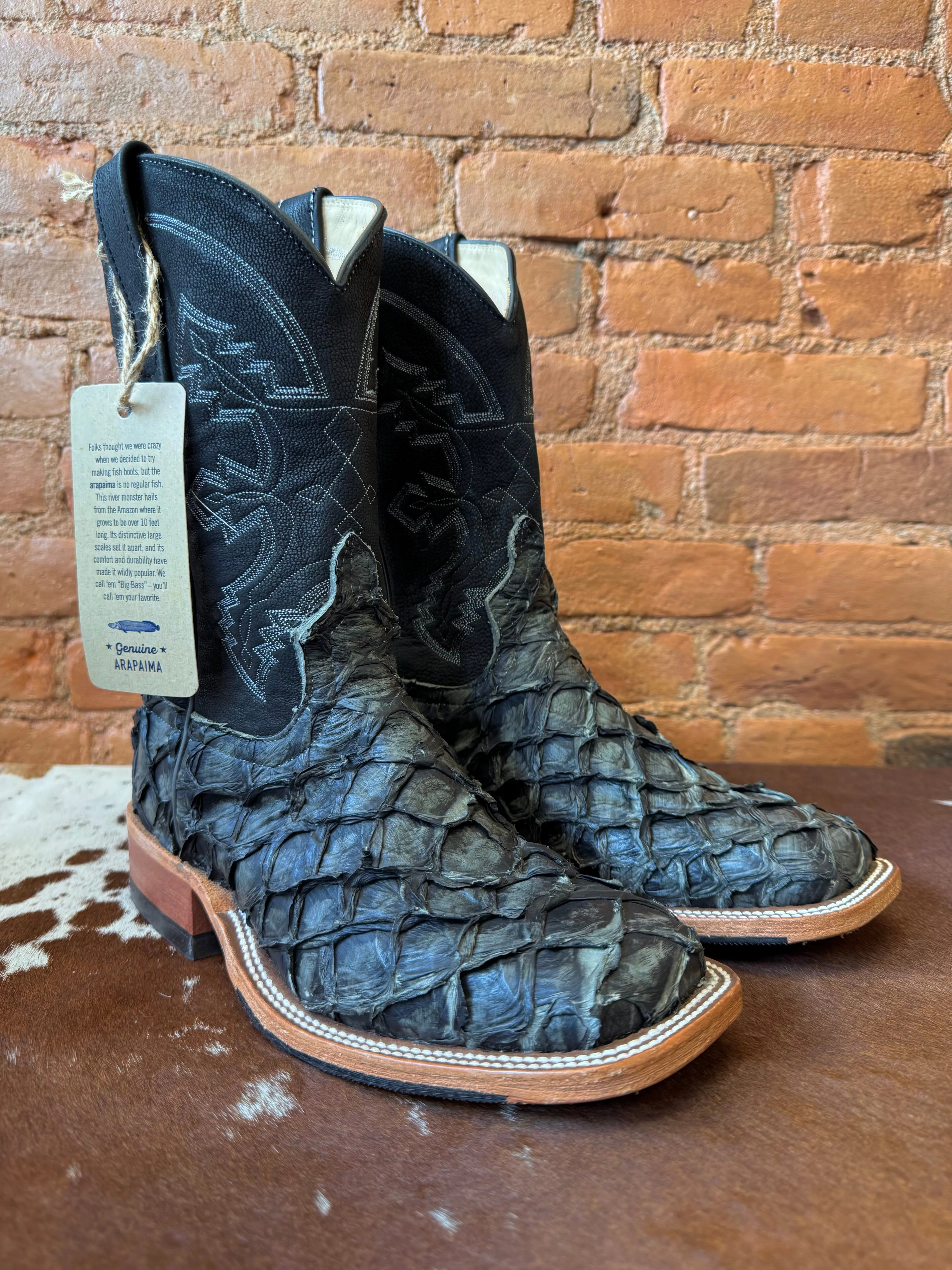 Anderson Bean Men's Dark Grey Rustic Big Bass Arapaima & Black Suave Top Square Toe Cowboy Boots 336978 Chill Weather Ski Enthusiast
