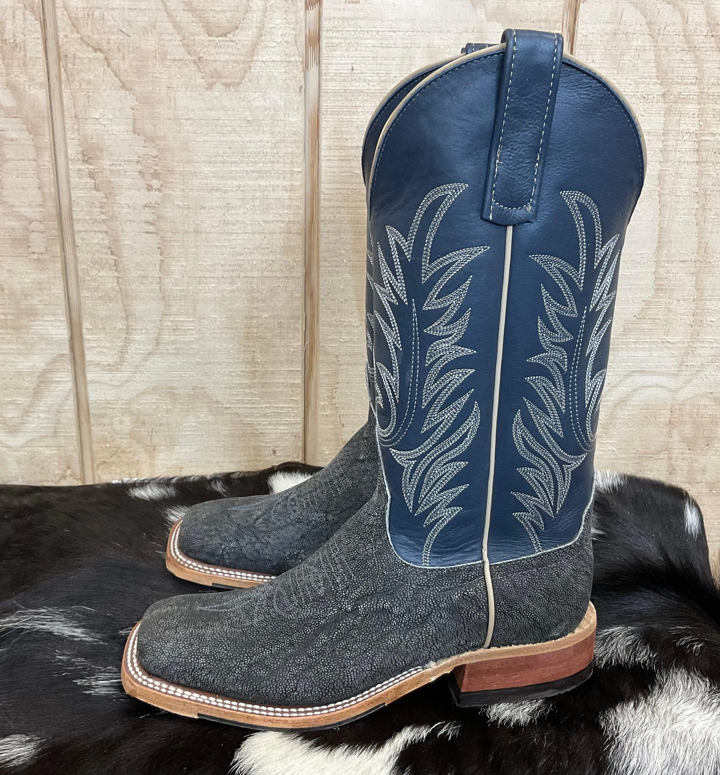 Strong Grip Compact Form Anderson Bean Men's Granite Safari Elephant & 13 Navy Deerskin Top Square Toe Cowboy Boots 332202