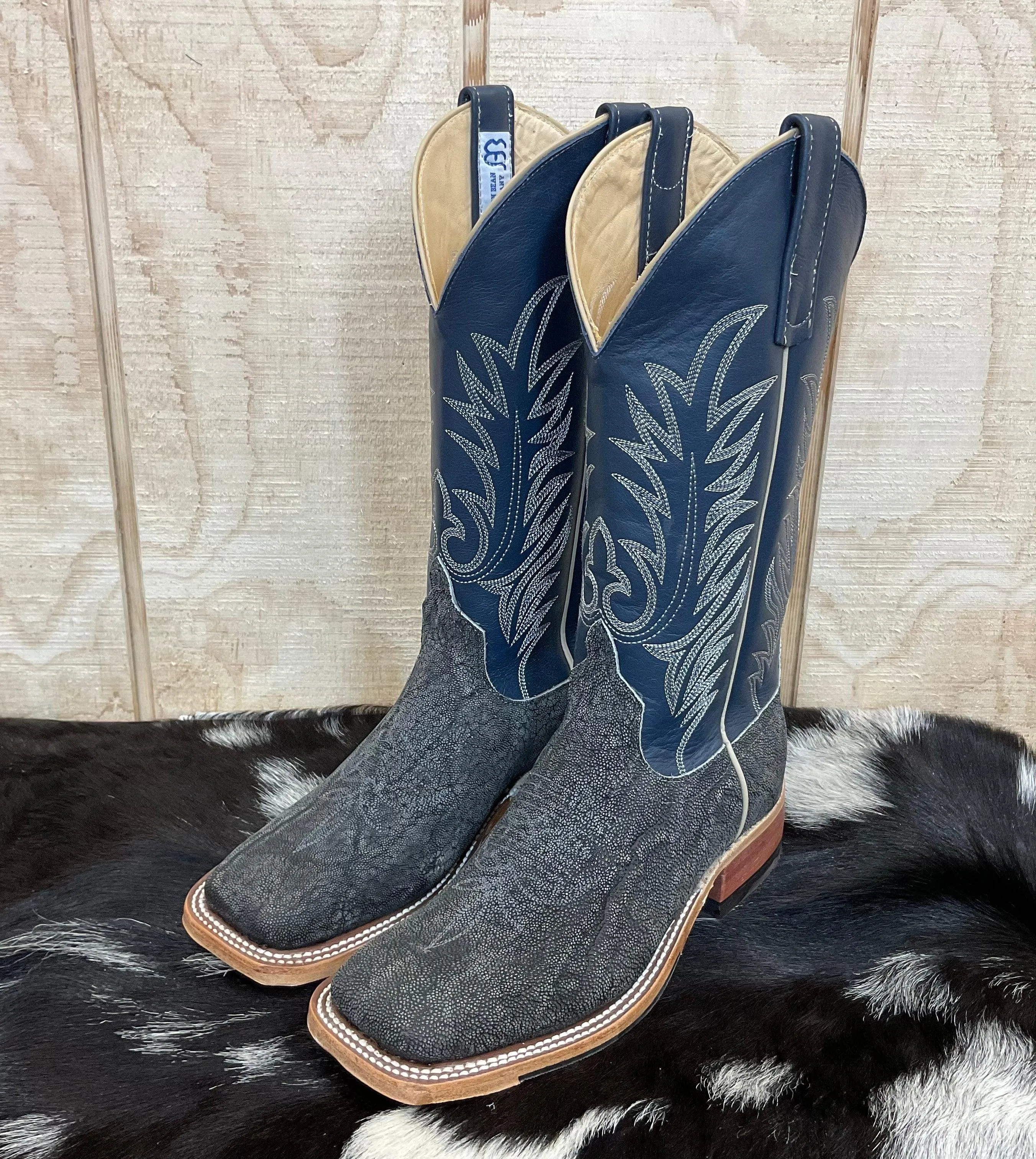 Anderson Bean Men's Granite Safari Elephant & 13 Navy Deerskin Top Square Toe Cowboy Boots 332202 Rain Terrain