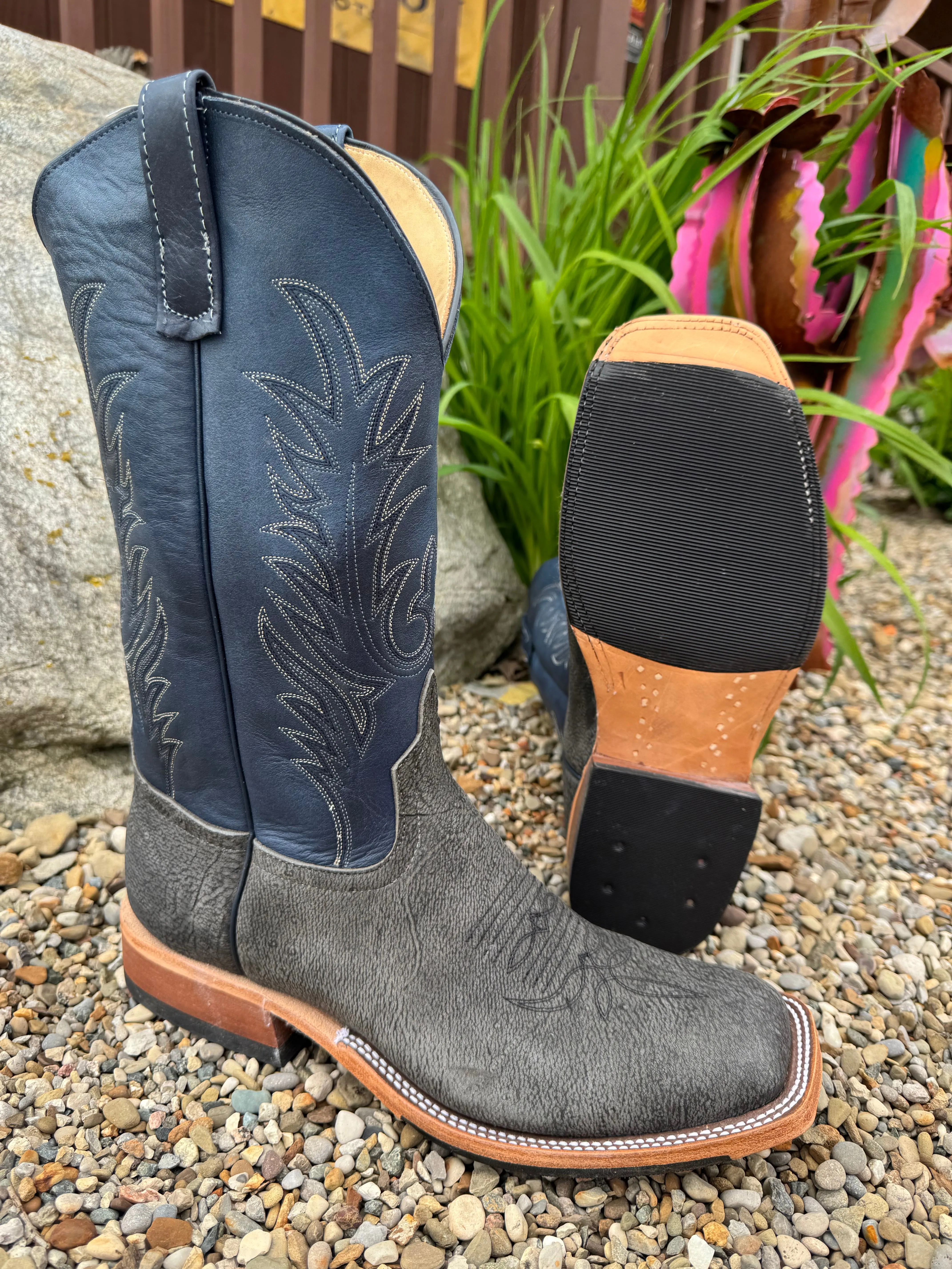 Low Profile Chunky Sole Anderson Bean Men's Grey Safari Giraffe & Midnight Blue Dozer 13 Top Square Toe Cowboy Boots 340713