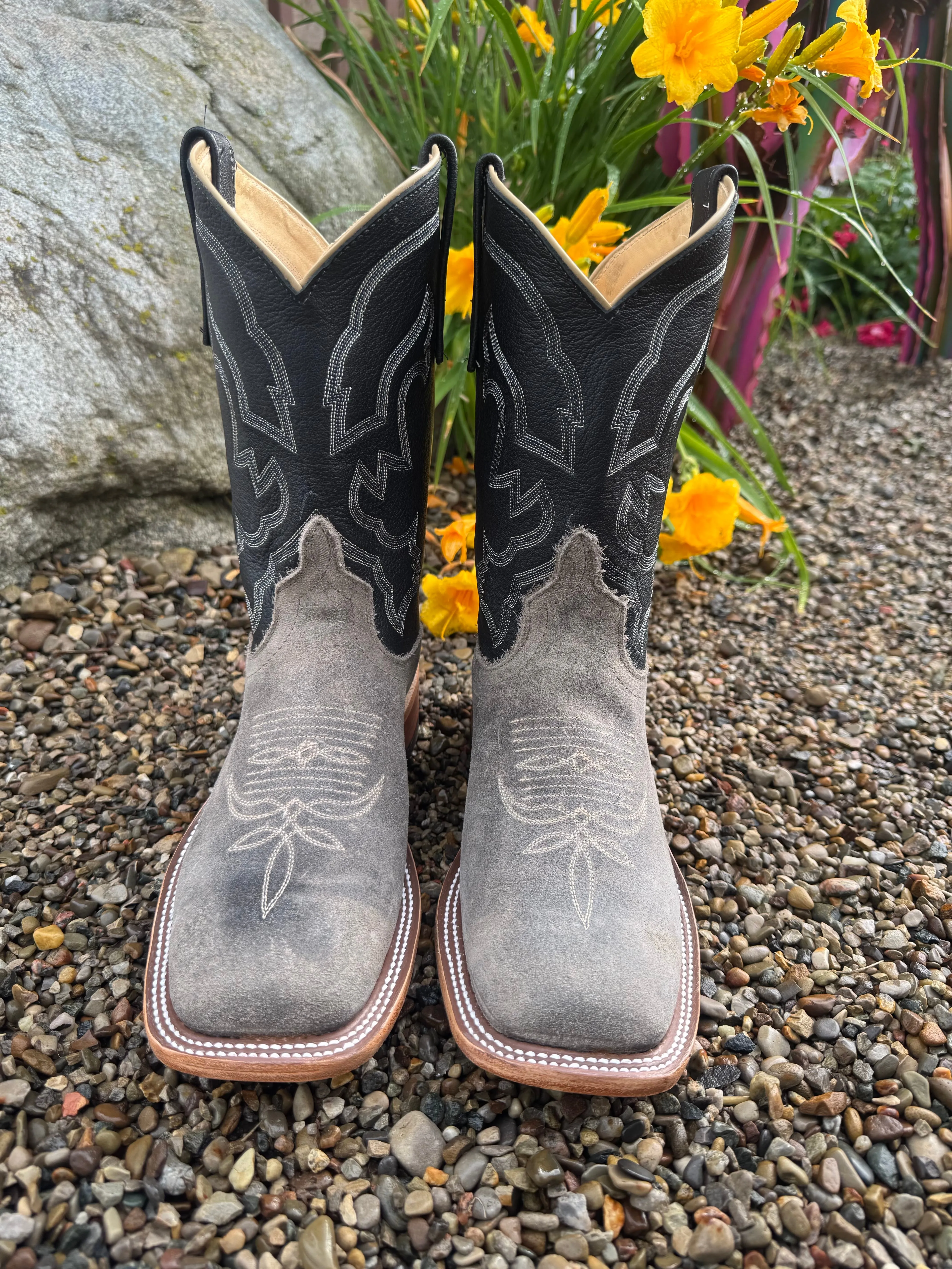 Anderson Bean Men's Stone Waxy Grey Kudu & Black Suave Top Square Toe Cowboy Boots 333580 Buckle Shine
