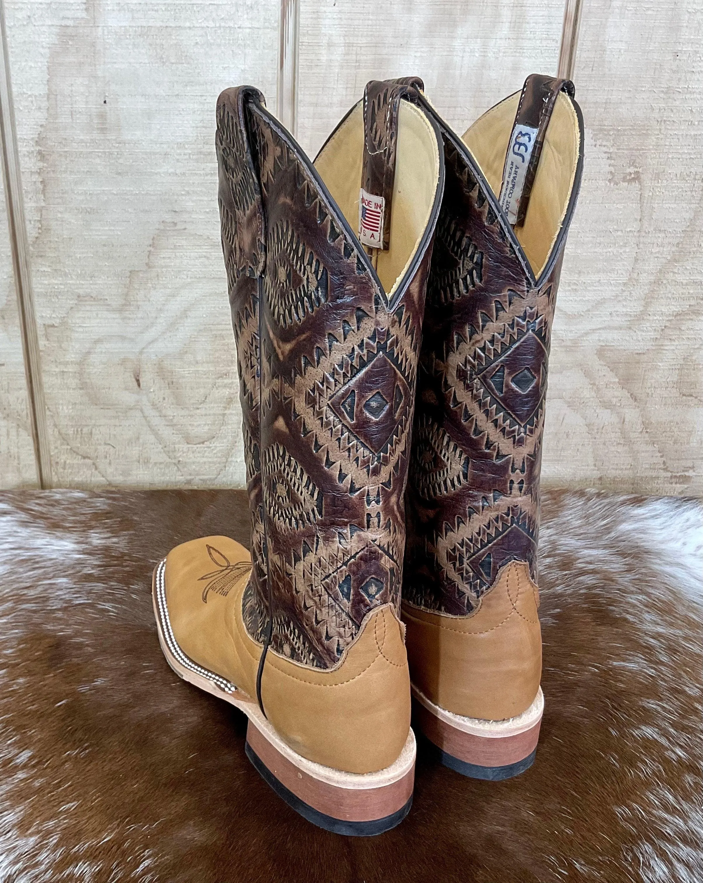 Workwear Style Extreme Cold Anderson Bean Women's Belle Noce Tan Leather & 13 Kechi Embossed Top Square Toe Cowgirl Boots 333573